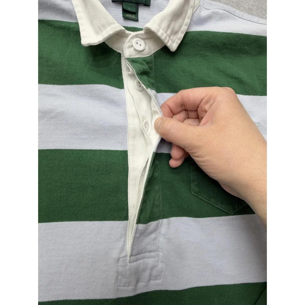 J.Crew Always Rugby Polo Shirt‎ Mens L Green White Stripe Long Sleeve Casual